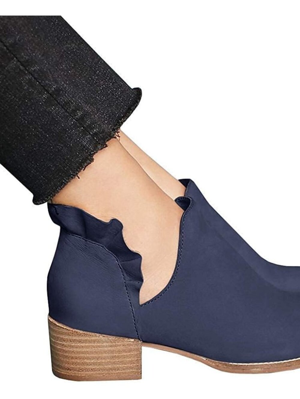 Women's Navy Faux Leather Fall Cutout Low Stacked Ruffle Slip On Ankle Booties - Picture 3 of 5